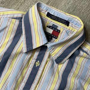 Tommy Hilfiger Shirt Mens Medium Blue Yellow Vertical Stripe Button Up Denim VTG